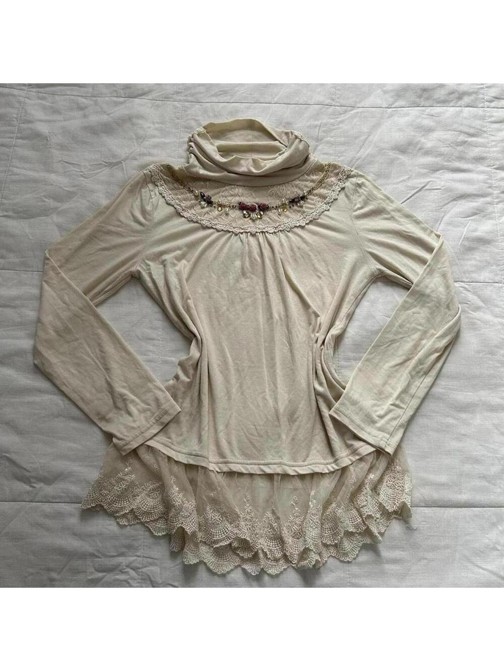 Axes Femme Cream lace bib long sleeve turtleneck blouse with beaded detailing